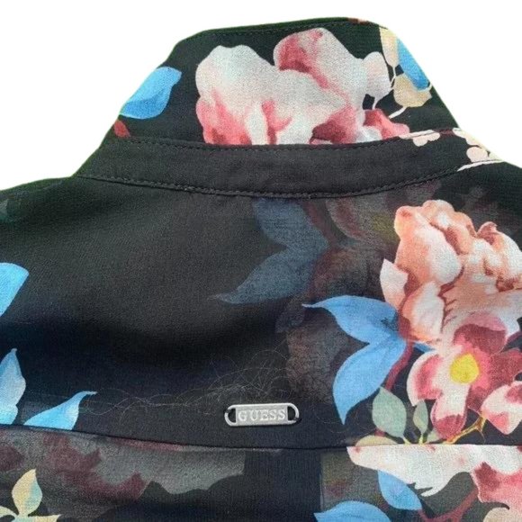 Guess Ladies Floral Mesh Shirt Long Sleeve Blouse Black Sz 8 Summer Button Down - Picture 4 of 7